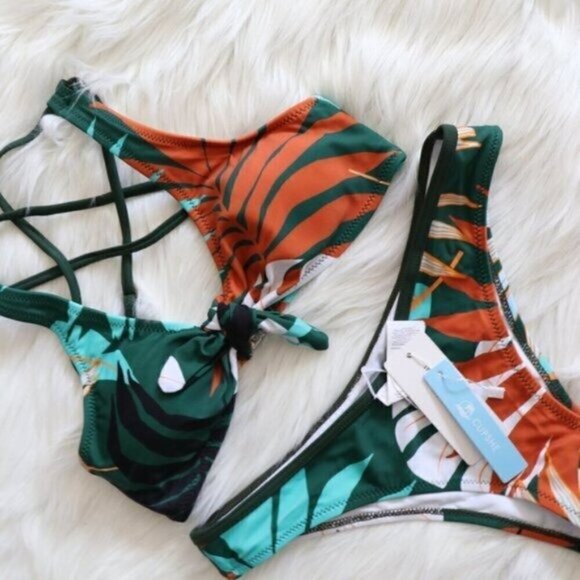 NEW Green Leafy Tropical Print High Leg Cut Bikini Swim Set Size Large - Picture 4 of 9